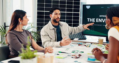 Buy stock photo Man, team and presentation with solar panel at office meeting, monitor or renewable energy innovation. Person, speaker and group with sustainability, discussion or eco friendly electricity at startup