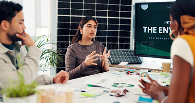 Buy stock photo Woman, group and planning at office meeting, solar panel or solution for renewable energy at startup. People, presentation and talk for sustainable development with photovoltaic electricity at agency