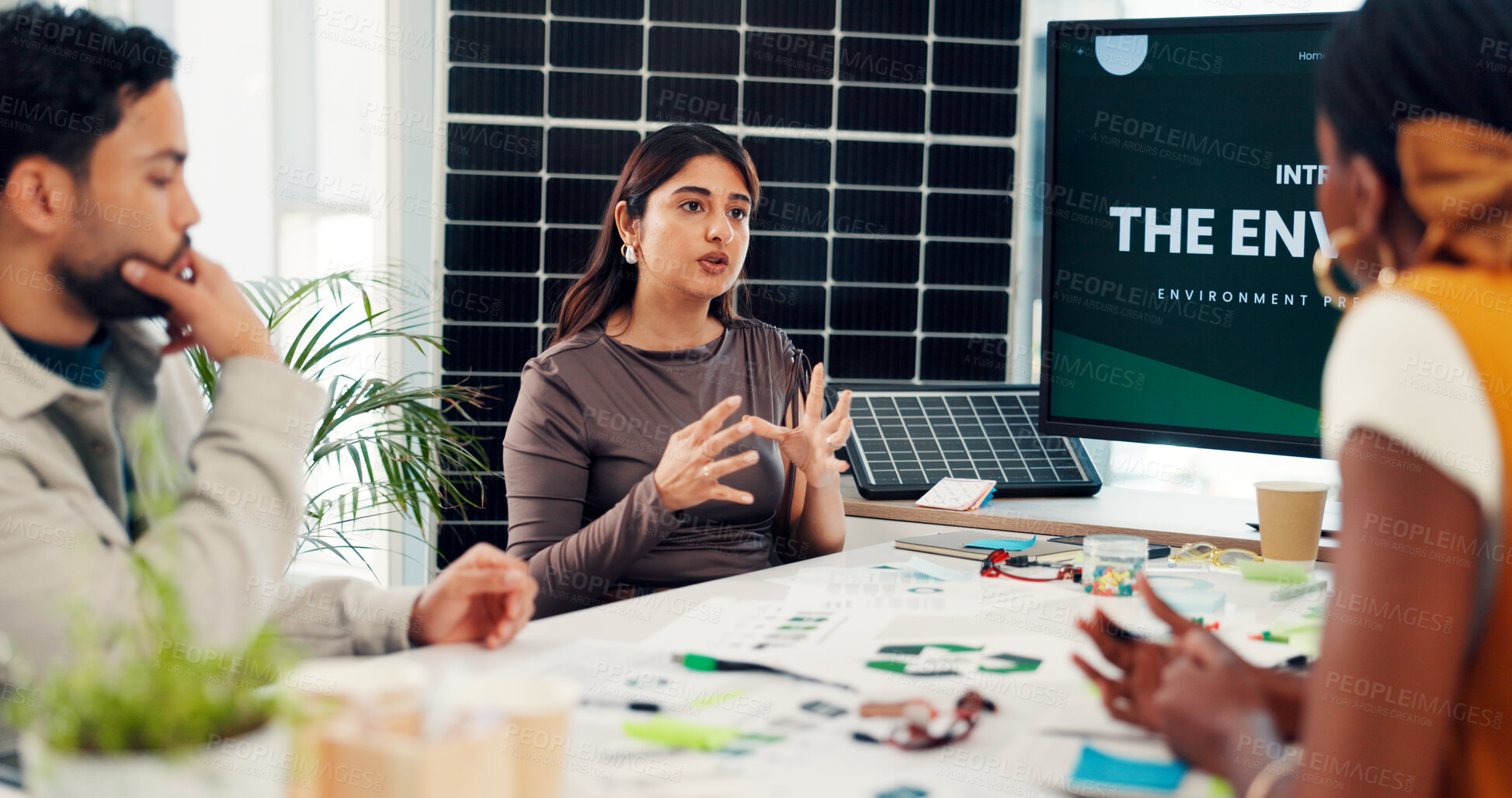 Buy stock photo Woman, group and planning at office meeting, solar panel or solution for renewable energy at startup. People, presentation and talk for sustainable development with photovoltaic electricity at agency