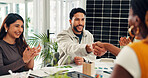 People, meeting or handshake in office for clean energy, photovoltaic system deal or negotiation. Team, shaking hands and clap in workplace with solar panel contract, eco friendly and SDG compliance.