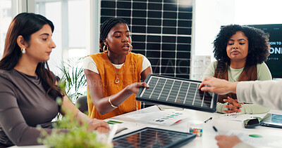 Buy stock photo Woman, talk and planning at office meeting, solar panel or innovation for renewable energy at startup. People, presentation and team for sustainability, solution or photovoltaic electricity at agency
