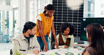 Buy stock photo Collaboration, design and solar energy with business people in office for sustainability development. Documents, recycle and renewable power with employee team at work for photovoltaic innovation