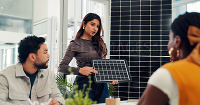 Buy stock photo Pitch, proposal and solar panel with business woman in office for renewable energy initiative. Presentation, prototype and sustainability with employee in workplace for photovoltaic power production