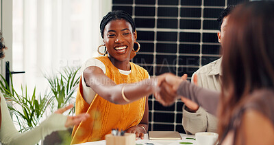 Buy stock photo Solar panel, shaking hands or team in office with smile, clap or approval of sustainable project. Applause, meeting or investor in agency with success, agreement or deal for photovoltaic development.