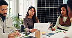 Woman, review documents and solar panel at office meeting, talk or innovation for renewable energy. Person, planning and team with sustainability, paperwork or photovoltaic electricity at startup