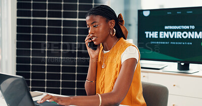 Buy stock photo Solar power, woman or laptop with phone call in office for energy audit, technical guidance or update. Performance analyst, black person or contact client at sustainable job for PV upgrade and advice