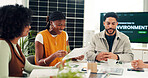 Collaboration, documents and solar energy with business people in office for sustainability development. Design, recycle and renewable power with employee team at work for photovoltaic innovation