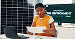 Business, African woman and document in office for results, energy saving stats and sustainable. Person, laptop and paperwork with photovoltaic grid revenue, company performance and solar panel sales