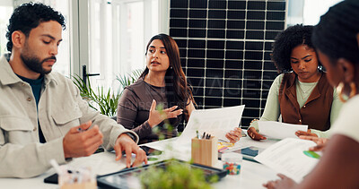 Buy stock photo Woman, talk and documents with solar panel at office meeting, innovation and renewable energy at startup. Person, staff and team with sustainability, paperwork or photovoltaic electricity at agency