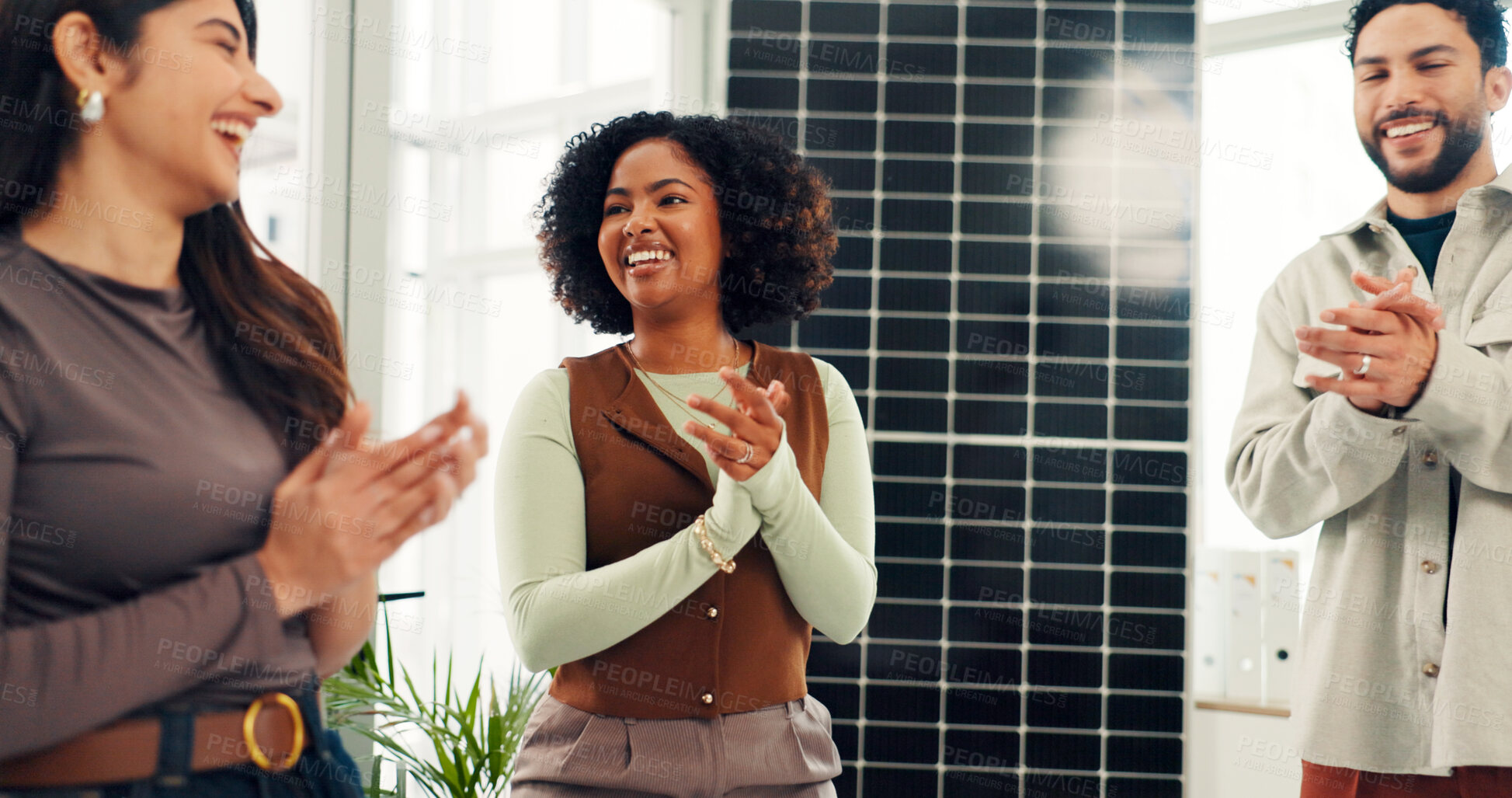 Buy stock photo Woman, team and applause with solar panel at office meeting, goals or renewable energy innovation. Person, celebration and group with sustainability, success or photovoltaic electricity at startup