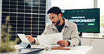 Business, man and document with tablet in office for report, energy saving stats and sustainable. Person, digital and paperwork on photovoltaic grid revenue, company performance and solar panel sales