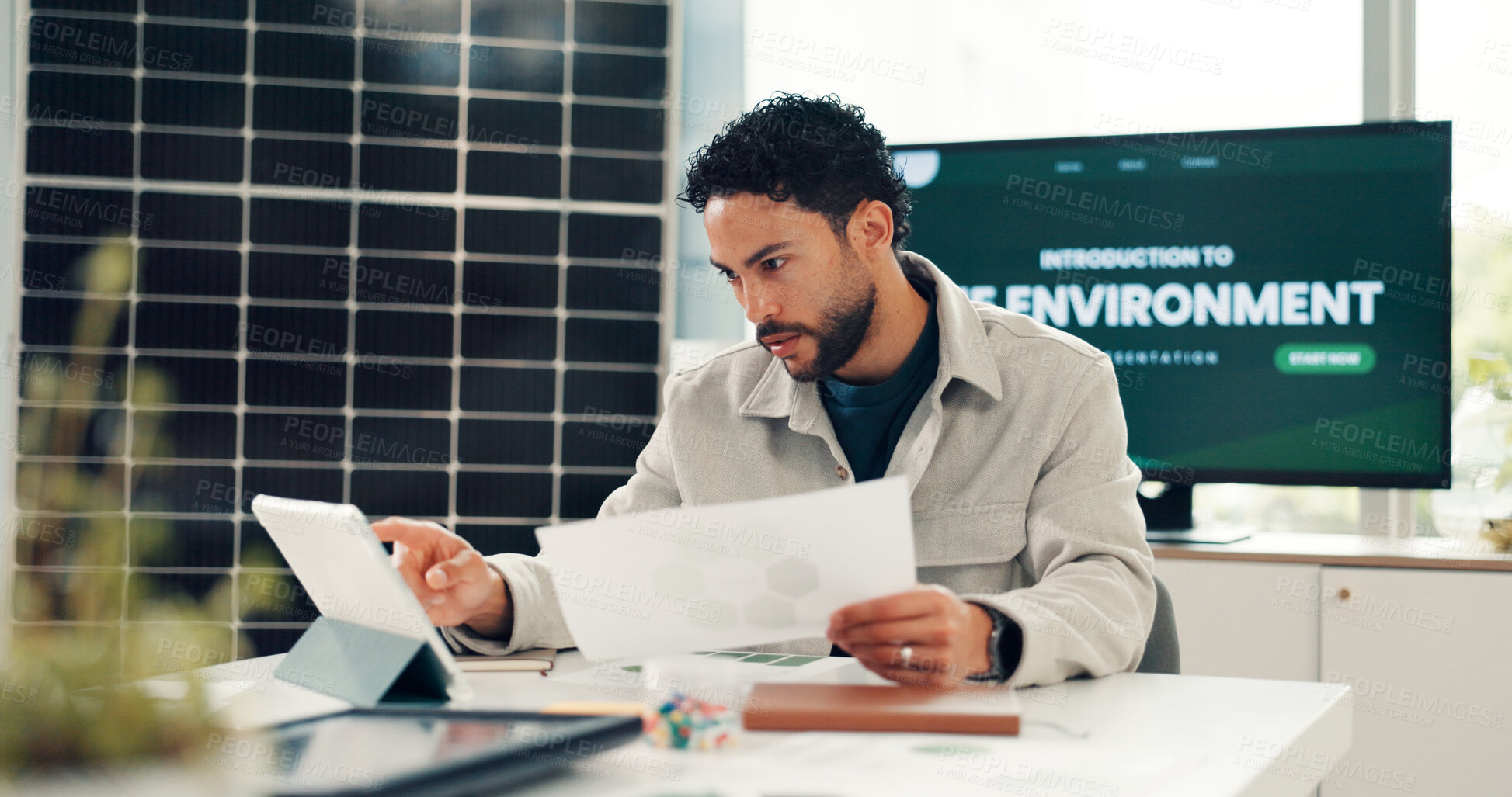Buy stock photo Business, man and document with tablet in office for report, energy saving stats and sustainable. Person, digital and paperwork on photovoltaic grid revenue, environment results and solar panel sales