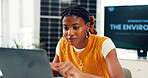 Employee, online and woman with laptop in office, reading or eco friendly report for risk management. ESG consultant, sustainable and black person with tech for environmental benefits or solar energy