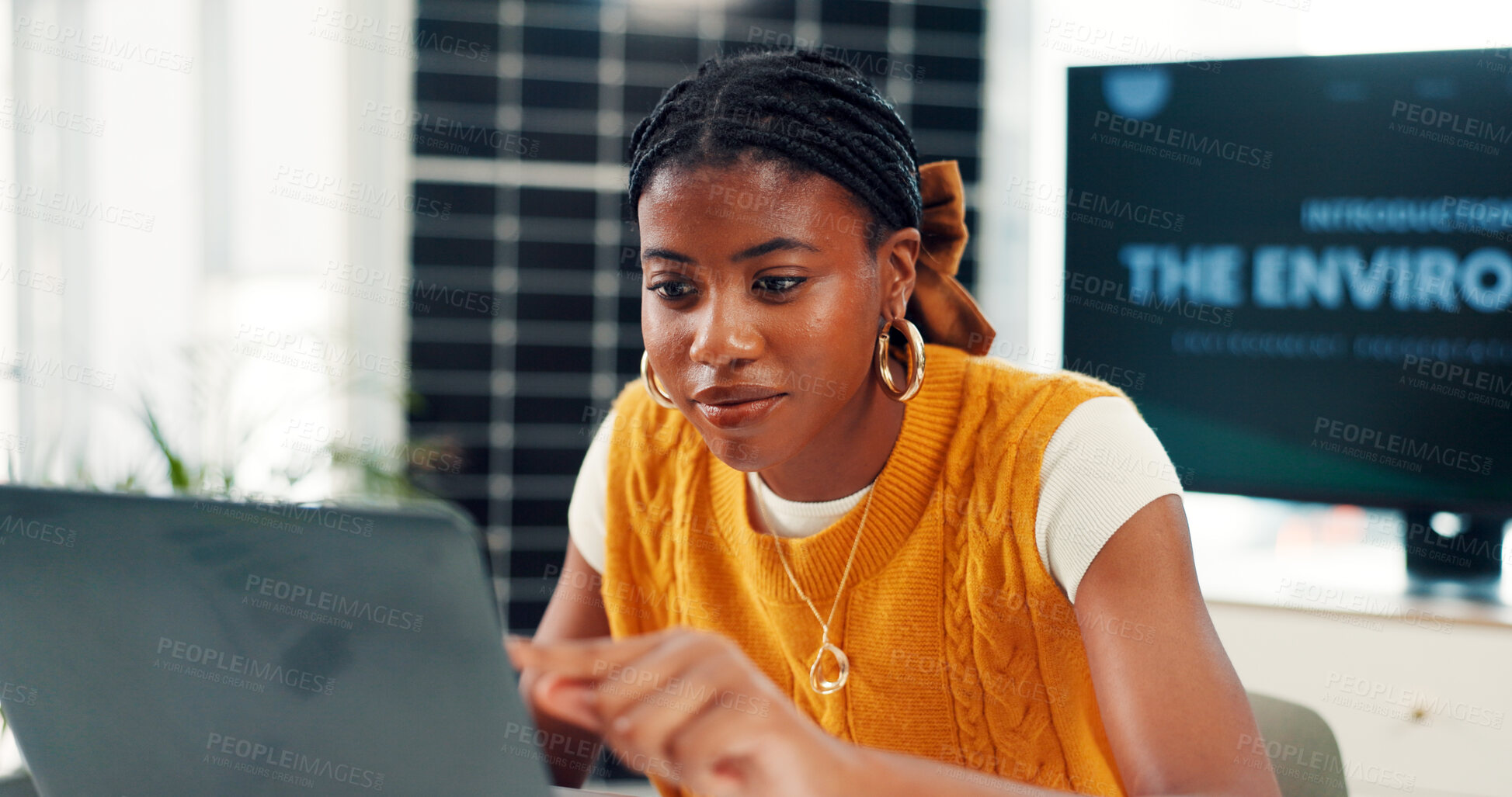 Buy stock photo Employee, online and woman with laptop in office, reading or eco friendly report for risk management. ESG consultant, sustainable and black person with tech for environmental benefits or solar energy