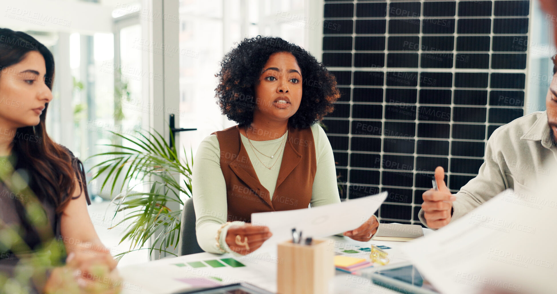 Buy stock photo Woman, team and documents with solar panel at office meeting, talk or renewable energy innovation. Person, planning and group with sustainability, discussion or photovoltaic electricity at startup