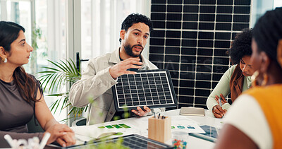 Buy stock photo Presentation, proposal and solar panel with business man in office for renewable energy initiative. Eco friendly, pitch and prototype with employee in workplace for photovoltaic power production
