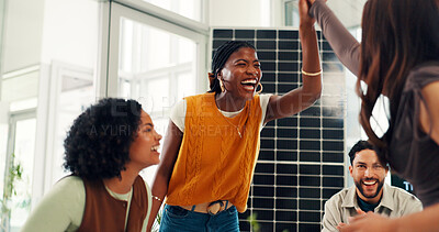 Buy stock photo High five, smile or team in office with solar panel, applause or approval of green business project. Win, group or people in agency with success, achievement or good news for renewable energy pitch