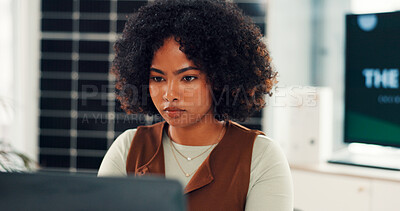 Buy stock photo Business, solar panels and woman in office, laptop and email with research for sustainability. Black person, pc and renewable energy with photovoltaic grid, internet or planning for ecology report