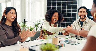 Buy stock photo Solar panel, shaking hands or team in office with clap, success or approval of sustainable project. Applause, tech or investor in agency with handshake, agreement or deal for photovoltaic grid pitch.