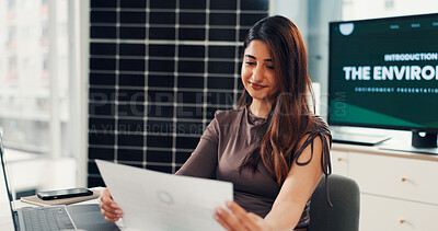 Buy stock photo Business, woman and reading paperwork in office for results, energy saving stats and sustainable. Person, laptop and document with photovoltaic grid revenue, company performance and solar panel sales