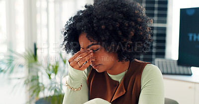 Buy stock photo Frustrated woman, headache and business with stress for solar power failure or mistake in office. Female person, environmentalist or pain with migraine for poor renewable energy or bad project