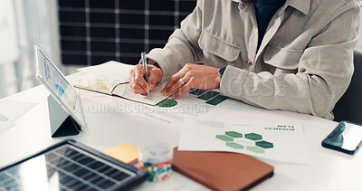 Buy stock photo Hands, writing or tablet in office with notebook for research, solar energy plan and data analysis. Person, notes and planner in sustainable business with tech, photovoltaic system review and graphs.