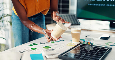 Buy stock photo Solar power, hands or business woman with paper cup for energy generation, bioenergy source or ideas. Sustainability, person and graph paperwork with disposable container for PV development in office