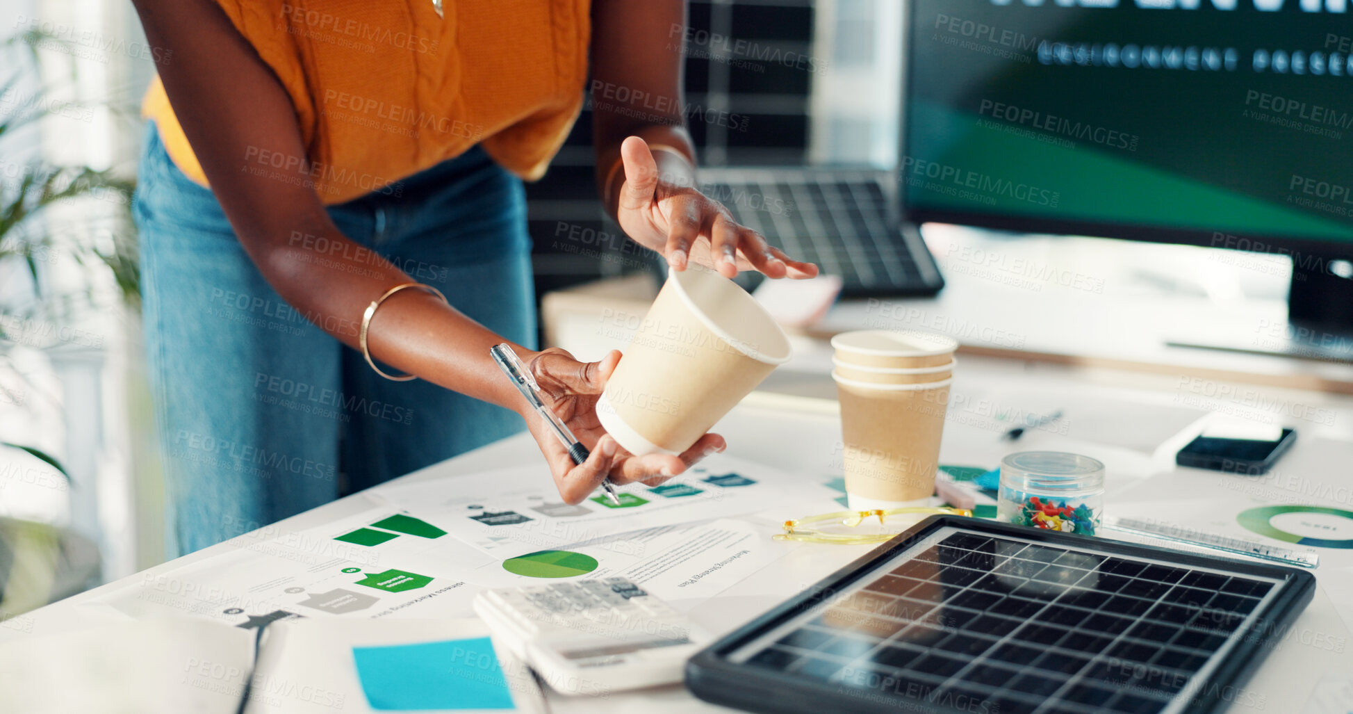 Buy stock photo Solar power, hands or business woman with paper cup for energy generation, bioenergy source or ideas. Sustainability, person and graph paperwork with disposable container for PV development in office