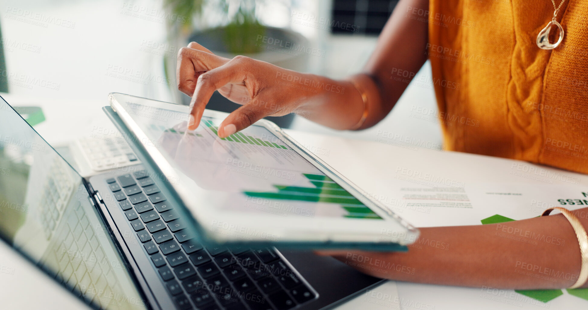 Buy stock photo Data, hands and tablet screen with business person at desk in office to review charts or graphs. Information, statistics on digital display and technology with employee in workplace for analysis