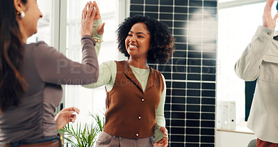 Buy stock photo Woman, team and high five with solar panel at office meeting, goals or renewable energy innovation. Person, celebration and group with sustainability, success or photovoltaic electricity at startup