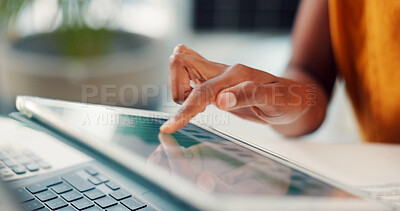 Buy stock photo Hands, statistics and tablet screen with business person at desk in office to review charts or graphs. Data, information on digital display and technology with employee in workplace for analysis