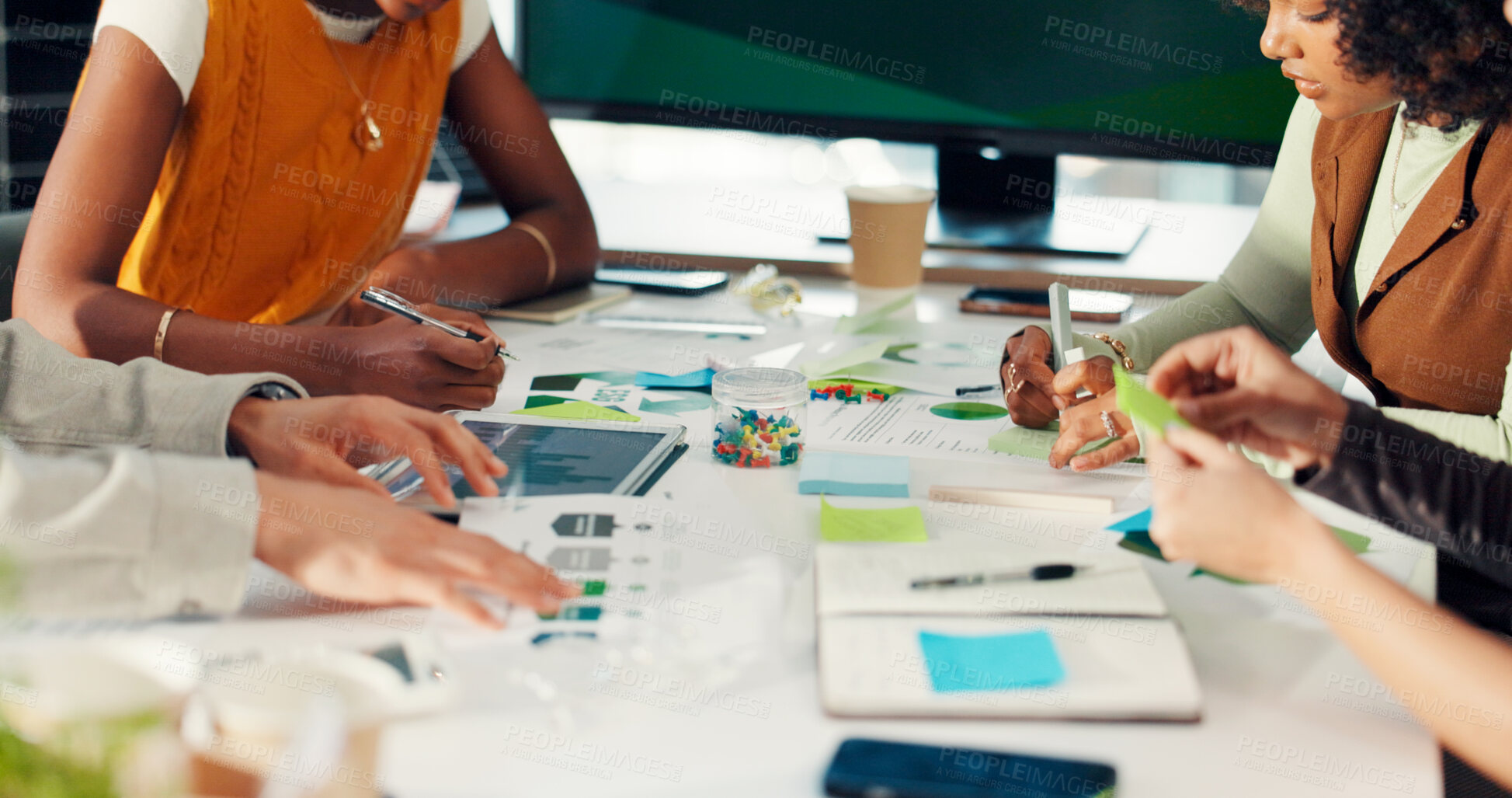 Buy stock photo Hands, people and team at climate agency with review, sticky note and documents for sustainability. Group, staff and planning with paperwork, feedback or tablet with graphs for renewable energy