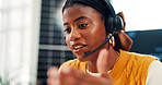 Customer care, black woman or talk with headset in contact center, help desk or solar panel service. Client advice, clean energy company or online agent with tech support, inverter or battery problem
