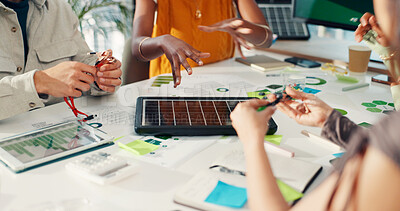 Buy stock photo People, hands or solar panel in office with brainstorming, renewable energy solution or planning. Team, collaboration or photovoltaic cell in meeting for eco friendly project, idea or sustainability.
