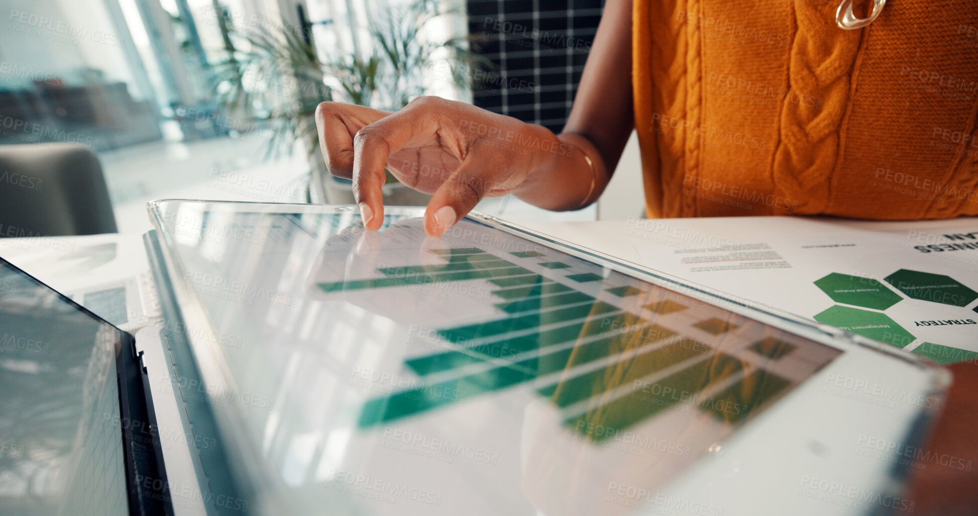 Buy stock photo Document, data and hands with tablet screen in office, above and risk management for sustainability. ESG consultant, paperwork and person with tech for environmental benefits and renewable energy