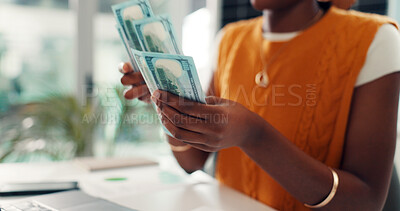 Buy stock photo Business woman, hands and counting with money in office for cashflow, budget or expenses. Closeup, female person or accountant with dollar bills for financial planning, cost or savings in workplace