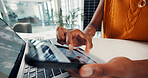 Hands, person screen and phone in office for solar panel article, research and reading information. Woman, browsing and laptop with mobile for photovoltaic grid, sustainable forum and review project