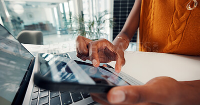 Buy stock photo Hands, person screen and phone in office for solar panel article, research and reading information. Woman, browsing and laptop with mobile for photovoltaic grid, sustainable forum and review project