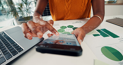 Buy stock photo Hands, person and phone in office for solar panel article, research and reading information. Above, employee and laptop with mobile screen for photovoltaic grid, sustainable forum and review project