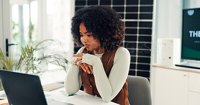 Buy stock photo Reading, solar panels and woman in office, laptop and connection with research for ecology stats. Person, pc and renewable energy with photovoltaic grid, network or feedback for climate change report