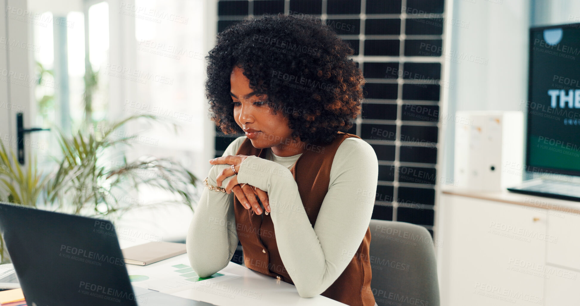 Buy stock photo Reading, solar panels and woman in office, laptop and connection with research for ecology stats. Person, pc and renewable energy with photovoltaic grid, network or feedback for climate change report