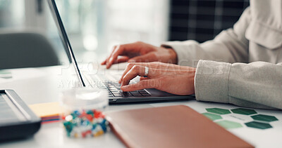 Buy stock photo Online, typing and hands with laptop in office, employee or eco friendly report for risk management. ESG consultant, recycle and person with tech for environmental benefits, paperwork and sustainable