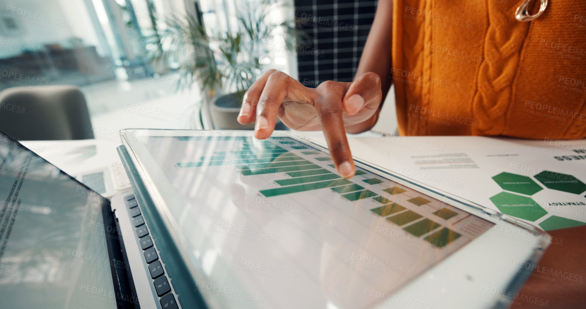 Buy stock photo Employee, data and hands with tablet screen in office, sustainability or risk management on document. ESG consultant, paperwork and person with tech for environmental benefits and renewable energy