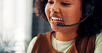Happy, black woman or consultant with headset for online advice or communication in call center. Female person, agent or talking with mic for virtual assistance, help or customer service in workplace