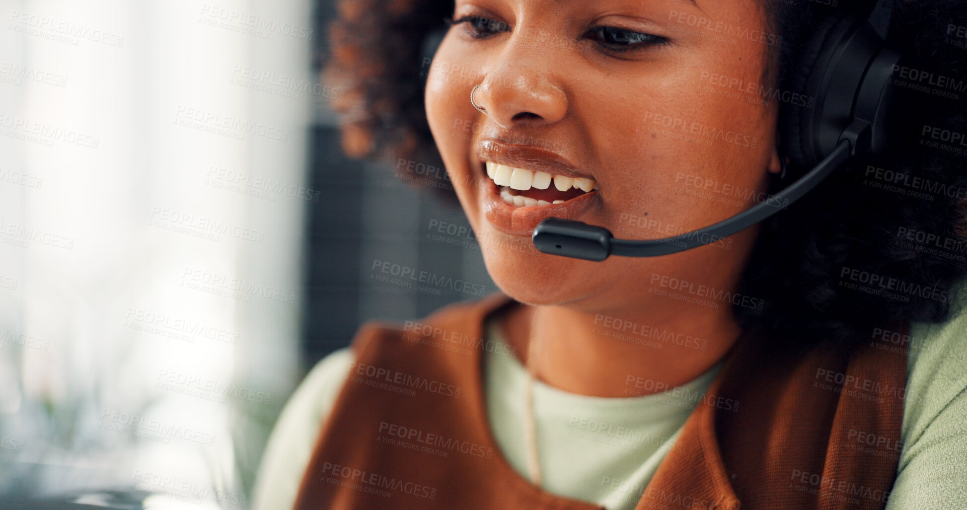 Buy stock photo Happy, black woman or consultant with headset for online advice or communication in call center. Female person, agent or talking with mic for virtual assistance, help or customer service in workplace
