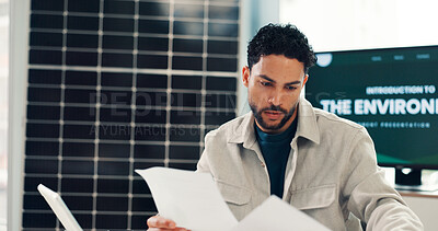 Buy stock photo Business, man and document in office for environment report, energy saving and sustainable. Male person, laptop and paperwork on photovoltaic grid update, company performance and solar panel proposal