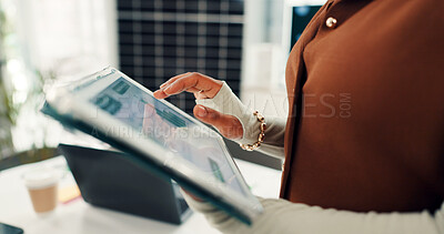 Buy stock photo Woman, hands and solar power with tablet, chart or graph for monitoring renewable energy in office. Closeup, female person or employee with statistics for alternative future or eco monetization
