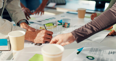 Buy stock photo Business people, hands and meeting with documents for planning or project brainstorming in office. Group, employees or designers with paperwork or ideas for tasks, agenda or campaign in workplace