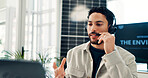Businessman, consultant and call center with headset for solar power or renewable energy in office. Man, agent or talking with mic for online advice, virtual assistance or eco friendly campaign