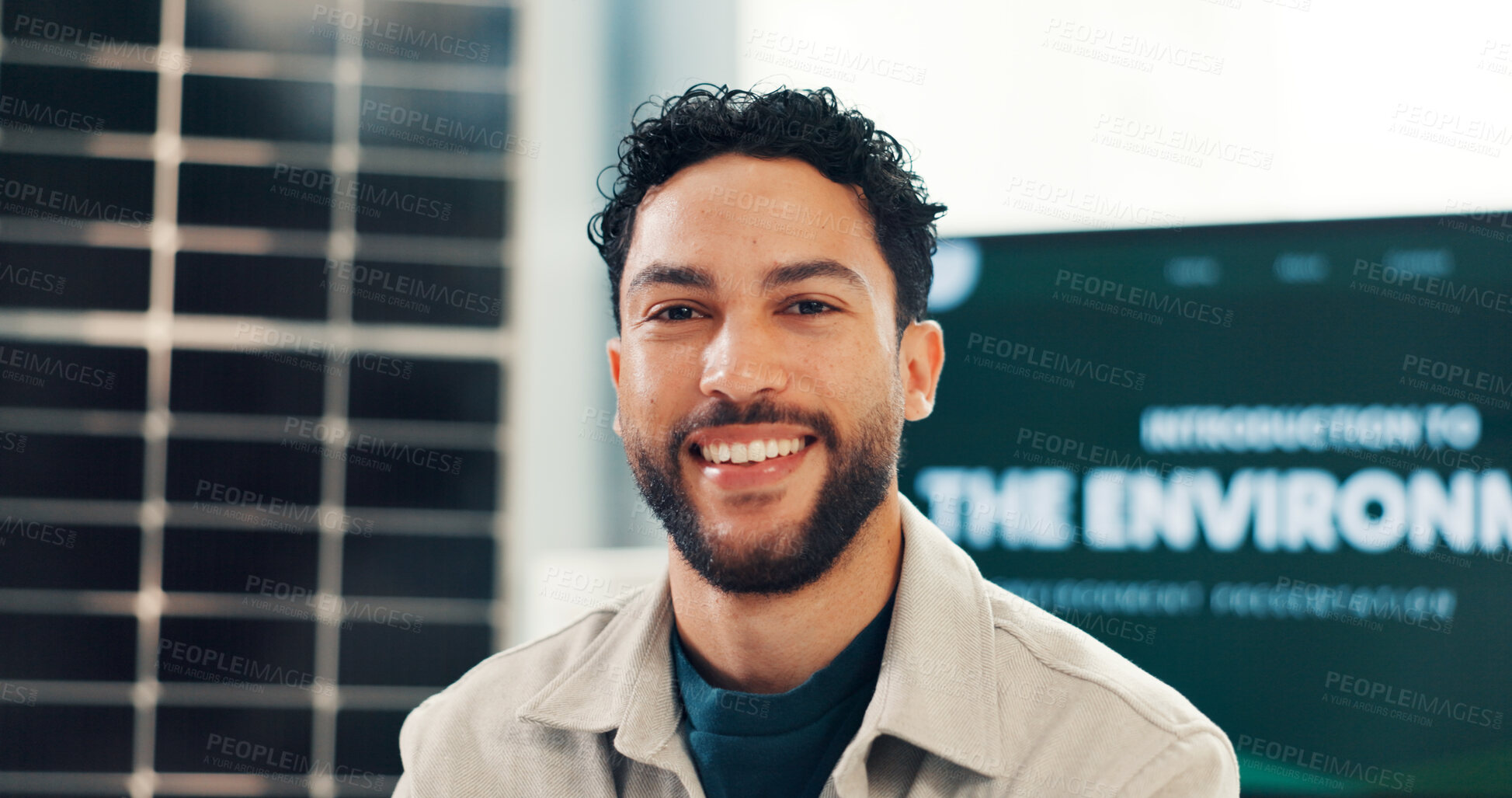 Buy stock photo Happy businessman, portrait or environmentalist with business for solar power development in office. Man, employee or smile with grid for renewable energy, alternative future or startup in workplace